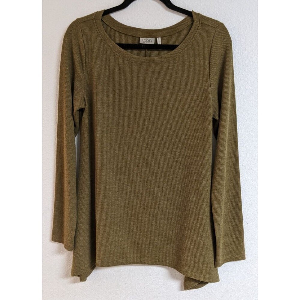 Women's LOGO By Lori Goldstien Moss Green Waffle Weave Long Sleeve Top M